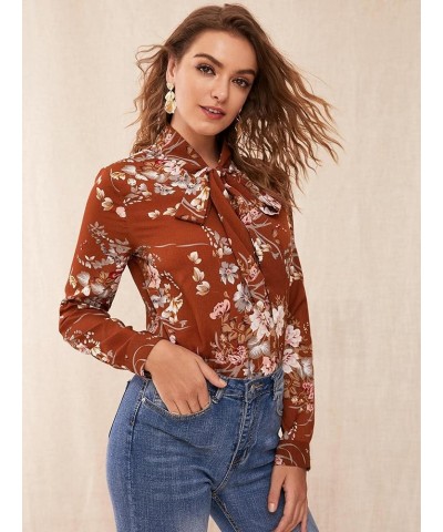 Women's Floral Print Bow Tied Neck Lantern Long Sleeve Blouse Tops Brown $11.00 Blouses