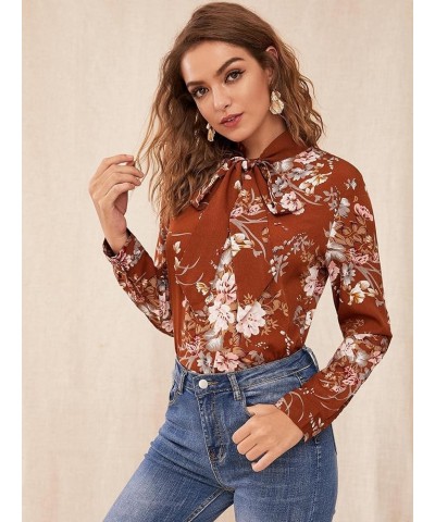 Women's Floral Print Bow Tied Neck Lantern Long Sleeve Blouse Tops Brown $11.00 Blouses