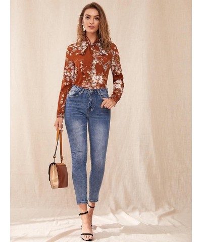 Women's Floral Print Bow Tied Neck Lantern Long Sleeve Blouse Tops Brown $11.00 Blouses