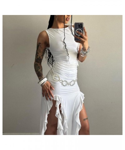 Women Y2k 3D Floral Tassels Dress Fringed Irregular Hem Long Dress Ruffle Sheer Mesh Short Dress Sexy Clubwear Ah-white $10.4...