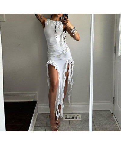 Women Y2k 3D Floral Tassels Dress Fringed Irregular Hem Long Dress Ruffle Sheer Mesh Short Dress Sexy Clubwear Ah-white $10.4...