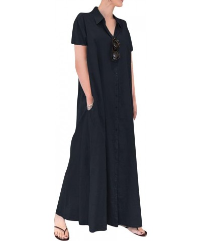 Womens Casual Cotton Linen Shirt Dress Button Down Loose Blouse Dress Oversized Long Sleeve Maxi Dresses Short Sleeve Navy Bl...