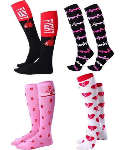 4 Pair of Breast Cancer Awareness Socks Pink Ribbon Soft Crew Sport Knee High Socks Calf Socks Women Girls Ecg, Love, Bows, G...