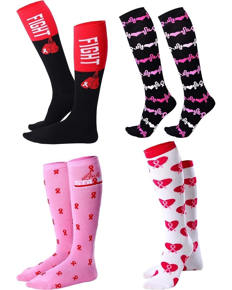 4 Pair of Breast Cancer Awareness Socks Pink Ribbon Soft Crew Sport Knee High Socks Calf Socks Women Girls Ecg, Love, Bows, G...