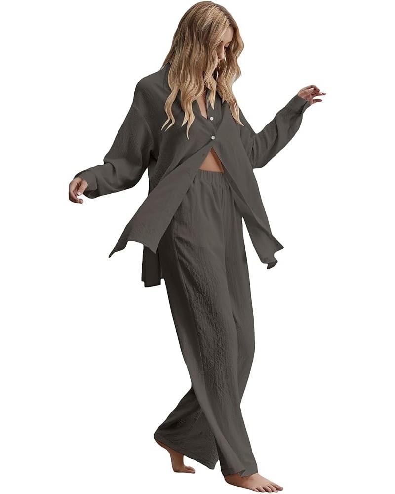 Women's 2 Piece Outfits Slit Hem Longline Blouse and Wide Leg Pants Set Chocolate Brown $29.69 Jumpsuits