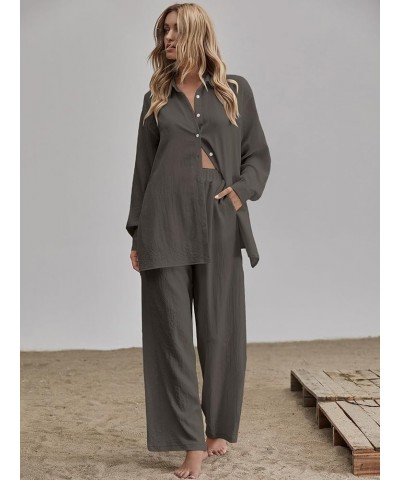 Women's 2 Piece Outfits Slit Hem Longline Blouse and Wide Leg Pants Set Chocolate Brown $29.69 Jumpsuits