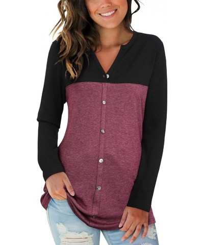 Women's Long Sleeve Shirts V Neck Button Down Henley Loose Tunic Blouses Fall Tops 2023 Black and Purplish Red-032 $12.00 Dre...