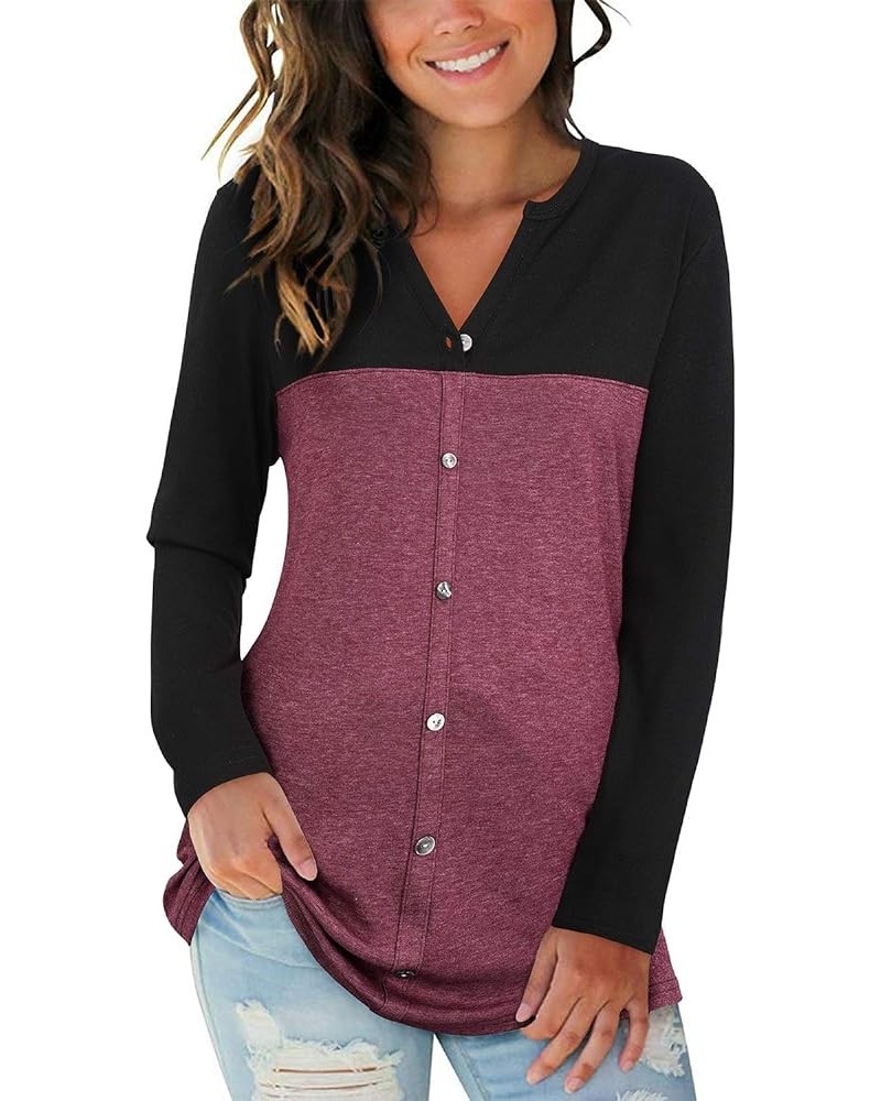 Women's Long Sleeve Shirts V Neck Button Down Henley Loose Tunic Blouses Fall Tops 2023 Black and Purplish Red-032 $12.00 Dre...