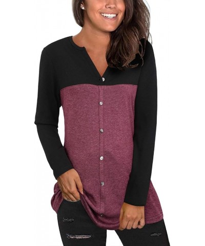 Women's Long Sleeve Shirts V Neck Button Down Henley Loose Tunic Blouses Fall Tops 2023 Black and Purplish Red-032 $12.00 Dre...