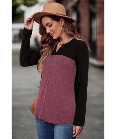 Women's Long Sleeve Shirts V Neck Button Down Henley Loose Tunic Blouses Fall Tops 2023 Black and Purplish Red-032 $12.00 Dre...