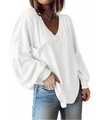 Women's Casual V Neck Ribbed Knitted Shirts Pullover Tunic Tops Loose Balloon Sleeve Solid Color Blouses Top Solid White $23....