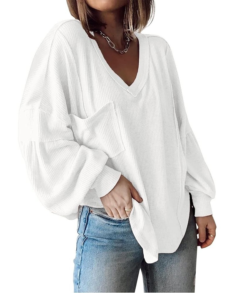 Women's Casual V Neck Ribbed Knitted Shirts Pullover Tunic Tops Loose Balloon Sleeve Solid Color Blouses Top Solid White $23....