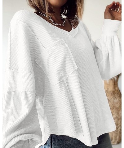 Women's Casual V Neck Ribbed Knitted Shirts Pullover Tunic Tops Loose Balloon Sleeve Solid Color Blouses Top Solid White $23....