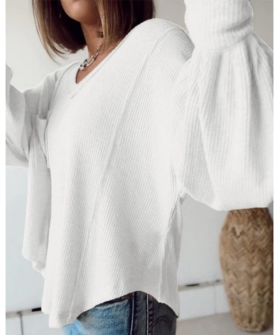 Women's Casual V Neck Ribbed Knitted Shirts Pullover Tunic Tops Loose Balloon Sleeve Solid Color Blouses Top Solid White $23....