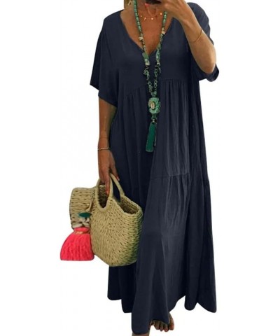 Women's Oversized Baggy Linen Maxi Dress V Neck Short Sleeve Loose Flowy Long Dresses 1-navy Blue $10.58 Dresses