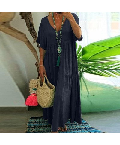 Women's Oversized Baggy Linen Maxi Dress V Neck Short Sleeve Loose Flowy Long Dresses 1-navy Blue $10.58 Dresses