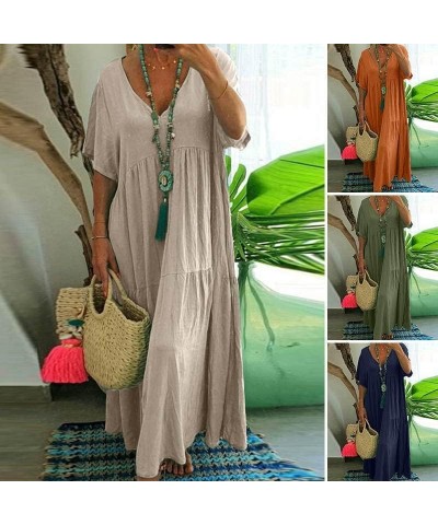 Women's Oversized Baggy Linen Maxi Dress V Neck Short Sleeve Loose Flowy Long Dresses 1-navy Blue $10.58 Dresses