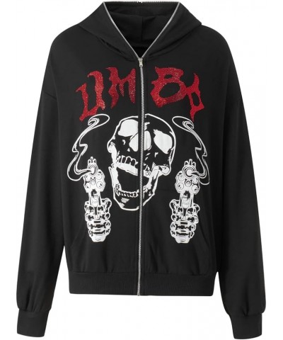 Men Womens Skeleton Zip Up Hoodie Y2k Oversized Rhinestone Skull Hooded Graphic Sweatshirt Thin Aesthetic Jackets F-skull Bla...