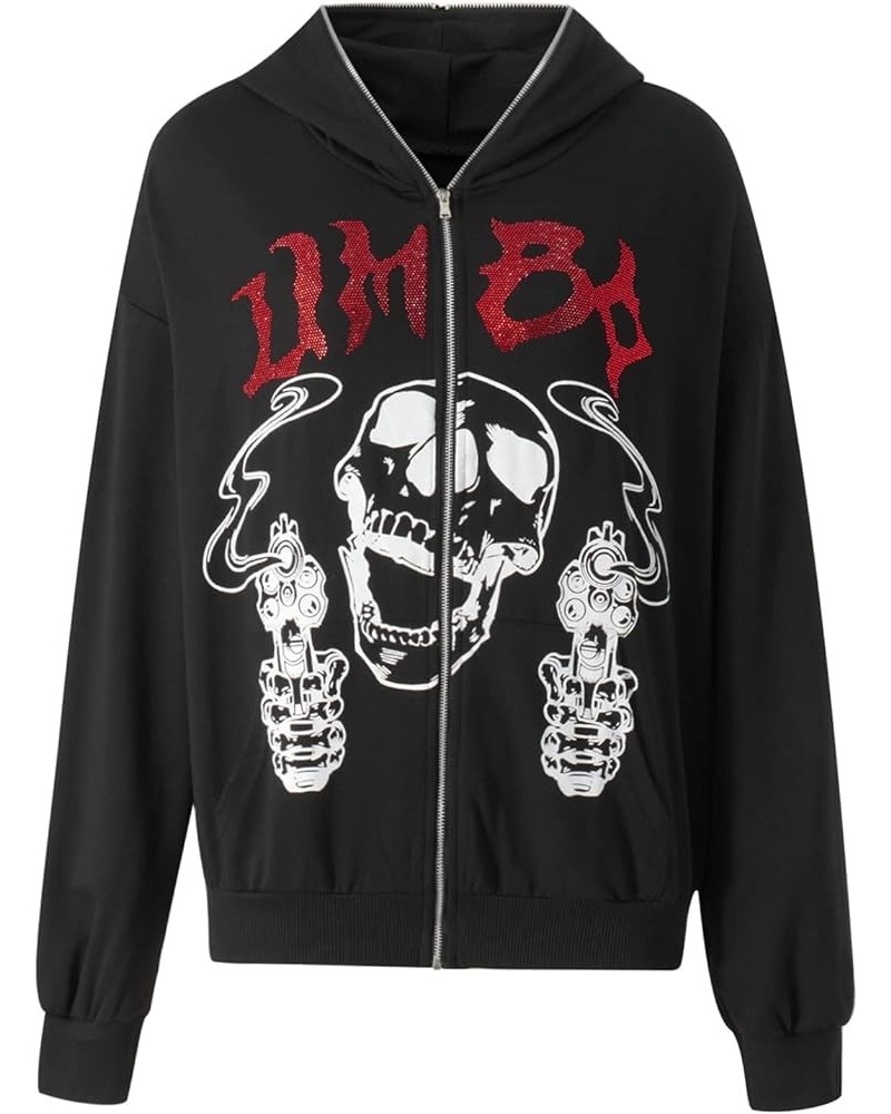 Men Womens Skeleton Zip Up Hoodie Y2k Oversized Rhinestone Skull Hooded Graphic Sweatshirt Thin Aesthetic Jackets F-skull Bla...