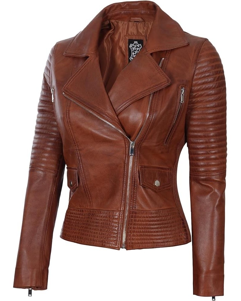 Asymmetrical Womens Leather Jacket - Real Lambskin Leather Jackets for Women Glgadt - Cognac Leather Jacket Women $90.24 Coats