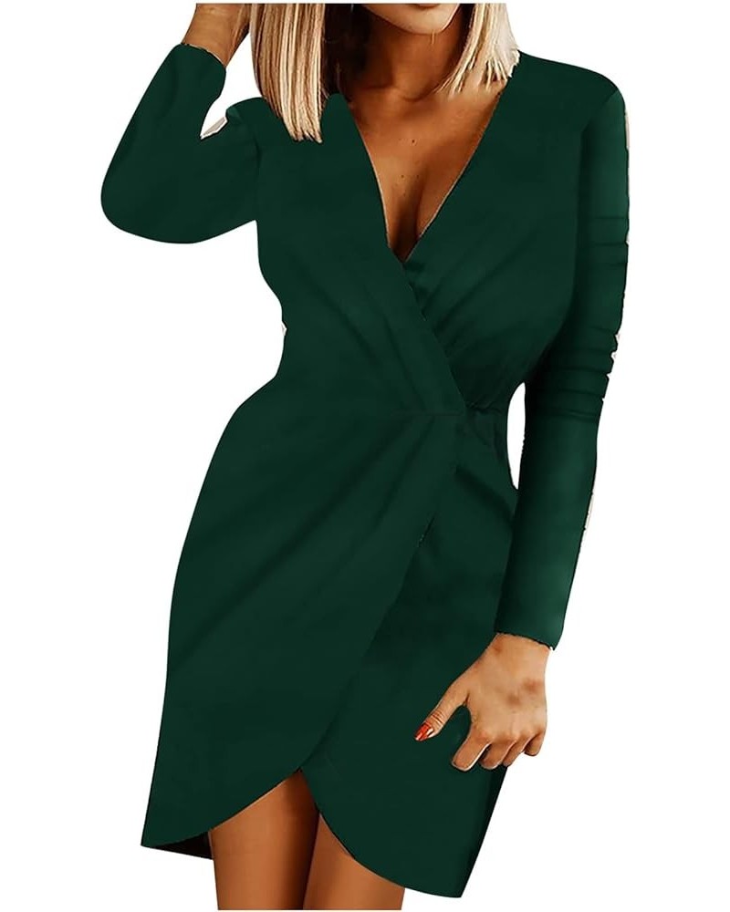 Fashion Dress for Women Vintage Professional Dress Plus Size V-Neck Long Sleeve Bandage Slim Shirt Dress 4-green $8.97 Dresses