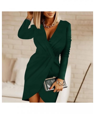 Fashion Dress for Women Vintage Professional Dress Plus Size V-Neck Long Sleeve Bandage Slim Shirt Dress 4-green $8.97 Dresses