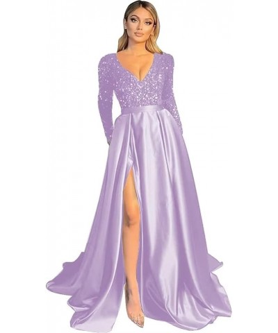 Long Sleeve Sequin Prom Dresses Satin Ball Gown Slit V Neck Formal Evening Gowns with Pockets Lilac $36.52 Dresses