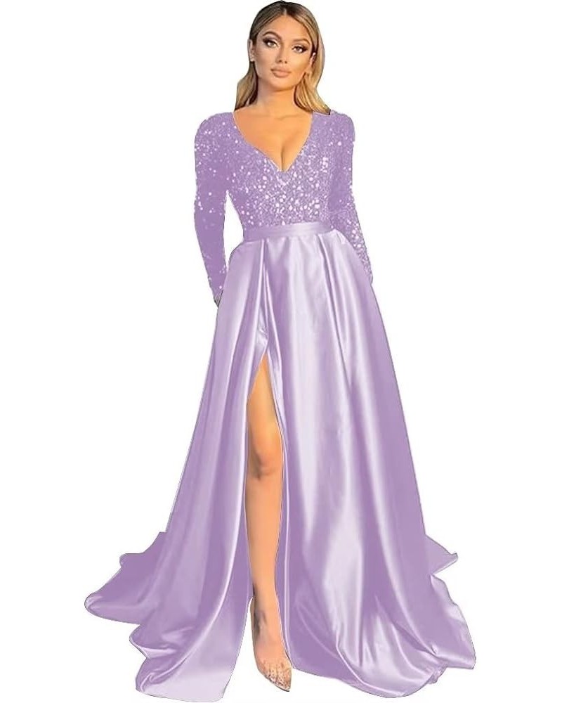 Long Sleeve Sequin Prom Dresses Satin Ball Gown Slit V Neck Formal Evening Gowns with Pockets Lilac $36.52 Dresses