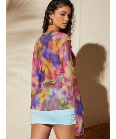 Women's Knot Front Deep V Neck Long Sleeve Tie Dye Print Mesh Blouse Top Multicolor $16.23 Blouses