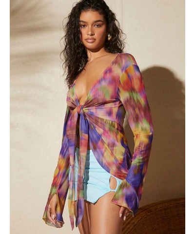 Women's Knot Front Deep V Neck Long Sleeve Tie Dye Print Mesh Blouse Top Multicolor $16.23 Blouses