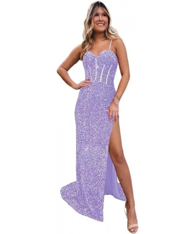 Sparkly Sequin Prom Dresses Long for Teens with Slit V Neck Mermaid Evening Party Gowns 2024 VS034 A Lavender $25.42 Dresses