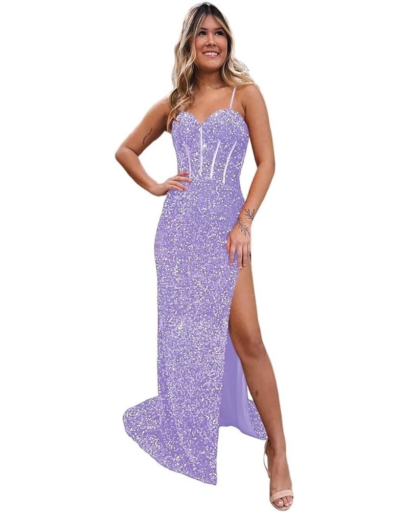 Sparkly Sequin Prom Dresses Long for Teens with Slit V Neck Mermaid Evening Party Gowns 2024 VS034 A Lavender $25.42 Dresses