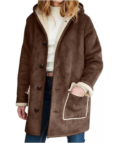 Women's Winter Warm Jacket Fleece Lined Fuzzy Coats Casual Button Down Sherpa Outerwear Faux Suede Pea Coat 2023 08-brown $11...