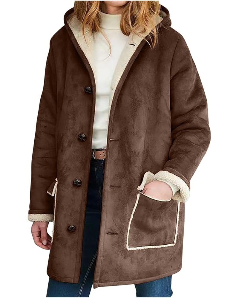 Women's Winter Warm Jacket Fleece Lined Fuzzy Coats Casual Button Down Sherpa Outerwear Faux Suede Pea Coat 2023 08-brown $11...