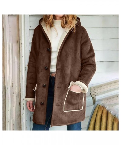 Women's Winter Warm Jacket Fleece Lined Fuzzy Coats Casual Button Down Sherpa Outerwear Faux Suede Pea Coat 2023 08-brown $11...