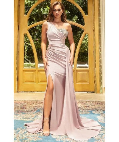 Women's One Shoulder Mermaid Bridesmaid Dresses for Wedding Long Satin Bodycon Prom Formal Evening Gowns with Slit 822 Lavend...