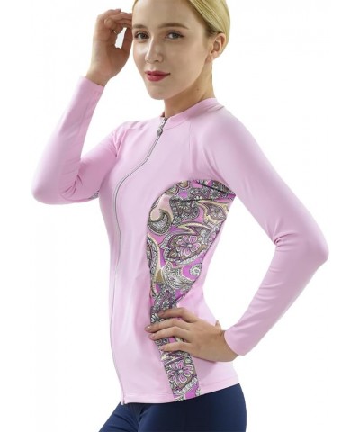 Women UPF50+ Front Zipper Up Long Sleeve Swimsuits Top Pockets Swim Rash Guard (PIH-JRSRGT-JZSRGT) Pink With Pink Gold Spot J...