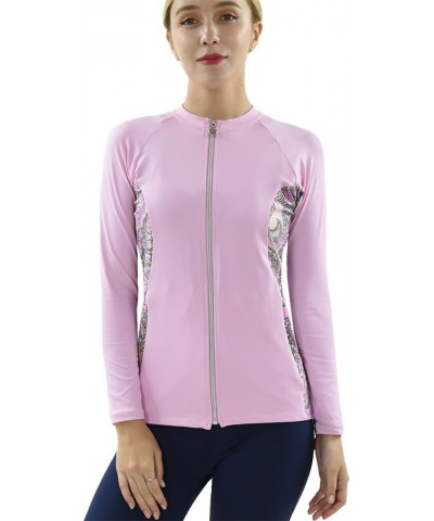 Women UPF50+ Front Zipper Up Long Sleeve Swimsuits Top Pockets Swim Rash Guard (PIH-JRSRGT-JZSRGT) Pink With Pink Gold Spot J...