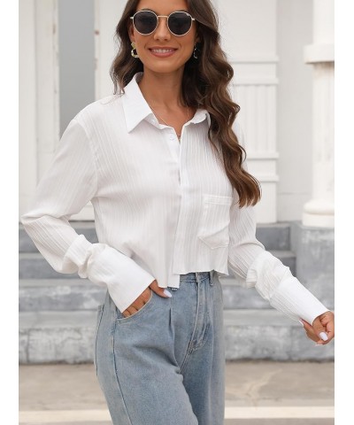 Women's Asymmetrical Hem Long Sleeve Button Up Shirt Crop Top Blouse Hbc-white $19.27 Blouses