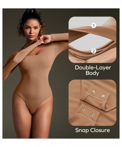 Long Sleeve Bodysuits for Women Scoop Neck Bodysuit Womens Soft Double Lined Body Suit Tops Latte $10.43 Bodysuits