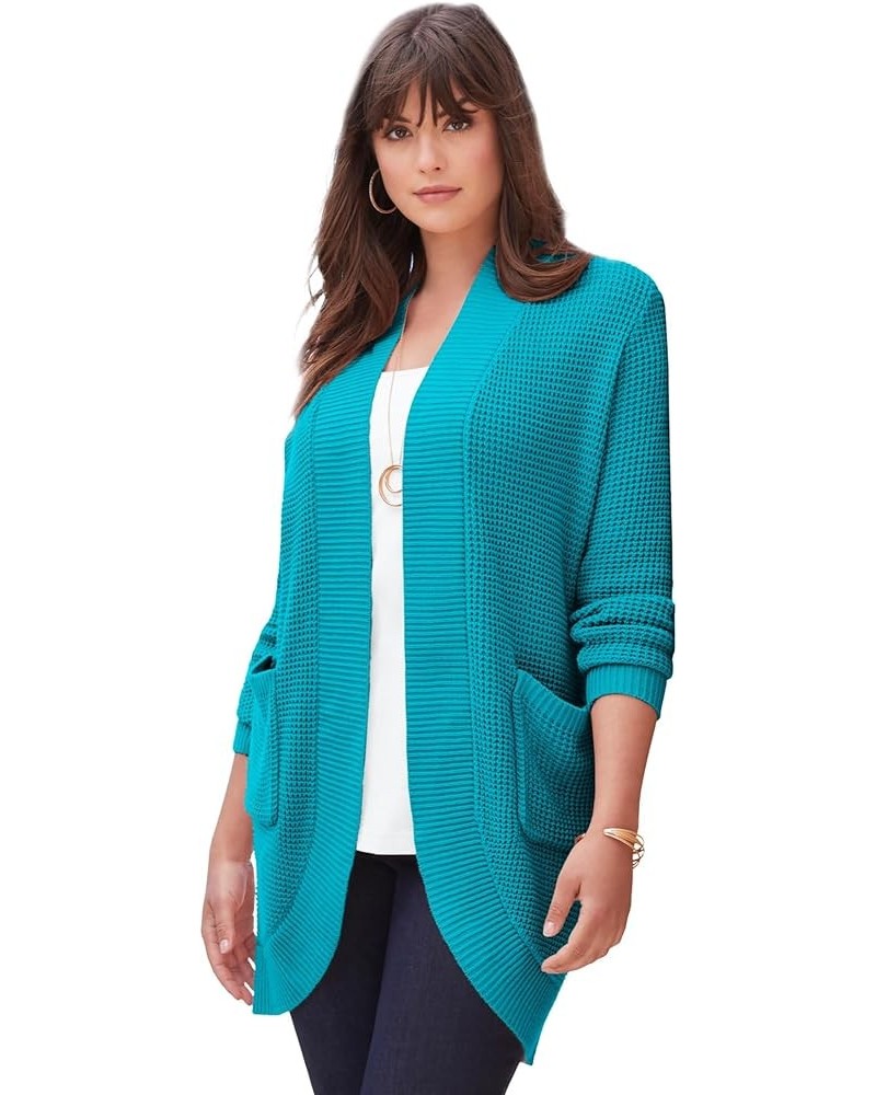 Women's Plus Size Thermal Waffle Cardigan Deep Turquoise $23.96 Sweaters