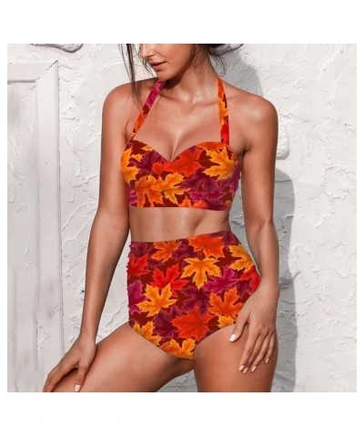 High Waisted Bikini Sets for Women with Bottom Tummy Control Swimsuit Vintage Bathing Suit 2pcs Fall Leaf $19.79 Swimsuits