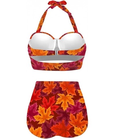 High Waisted Bikini Sets for Women with Bottom Tummy Control Swimsuit Vintage Bathing Suit 2pcs Fall Leaf $19.79 Swimsuits