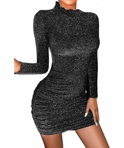 Women's Glitter Long Sleeve Lettuce Trim Bodycon Mini Dress Solid Mock Neck Pencil Dress Black $12.80 Dresses