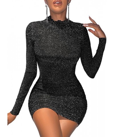 Women's Glitter Long Sleeve Lettuce Trim Bodycon Mini Dress Solid Mock Neck Pencil Dress Black $12.80 Dresses