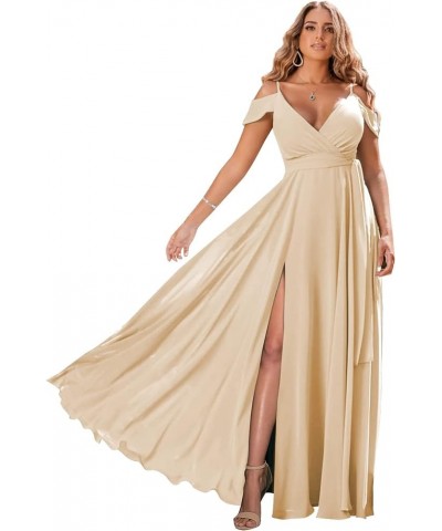 Women's Off Shoulder Bridesmaid Dresses Long Slit Chiffon V Neck Formal Dress with Pockets TB18 Champagne $35.25 Dresses