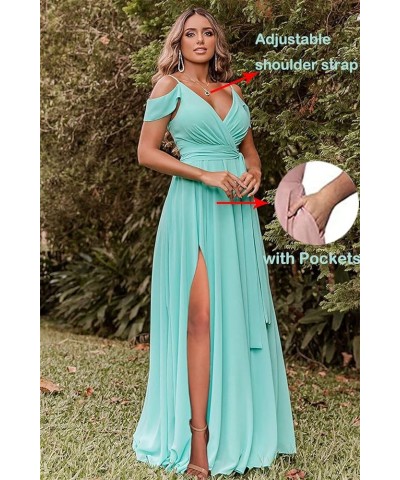 Women's Off Shoulder Bridesmaid Dresses Long Slit Chiffon V Neck Formal Dress with Pockets TB18 Champagne $35.25 Dresses