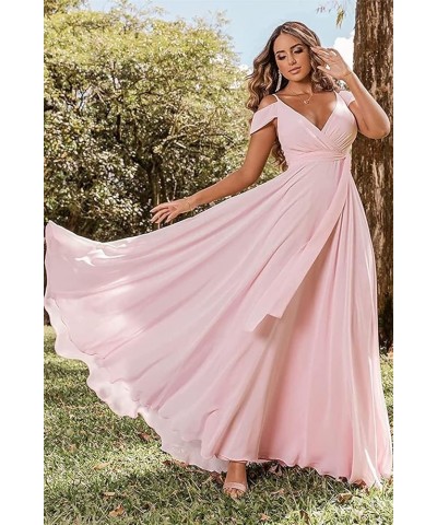 Women's Off Shoulder Bridesmaid Dresses Long Slit Chiffon V Neck Formal Dress with Pockets TB18 Champagne $35.25 Dresses