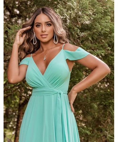 Women's Off Shoulder Bridesmaid Dresses Long Slit Chiffon V Neck Formal Dress with Pockets TB18 Champagne $35.25 Dresses