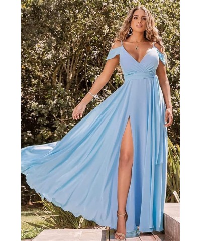 Women's Off Shoulder Bridesmaid Dresses Long Slit Chiffon V Neck Formal Dress with Pockets TB18 Champagne $35.25 Dresses